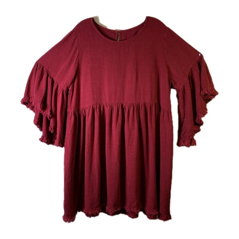 De-Tagged Umgee Womens - Size XL - Brick Red Rough Woven Fringe Babydoll Dress - Picture 2 of 8